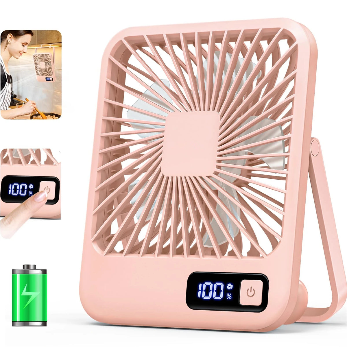 Folding Desk Fan with Power Display, 5 Speeds (USB Rechargeable)