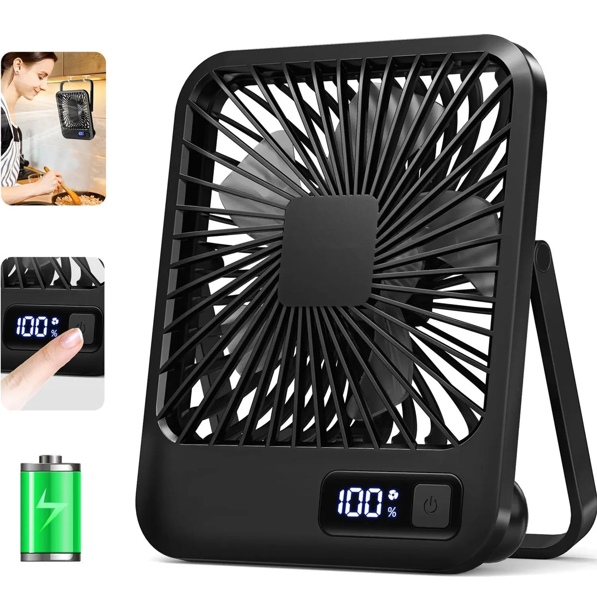 Folding Desk Fan with Power Display, 5 Speeds (USB Rechargeable)