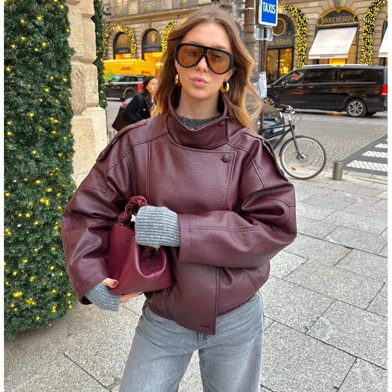 Women's Faux Leather Bomber Jacket – Zipper, Turn-Down Collar