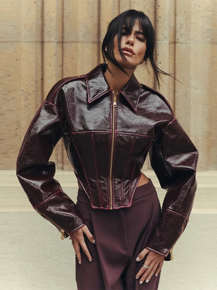 Women's Faux Leather Cropped Jacket – Lapel, Zipper