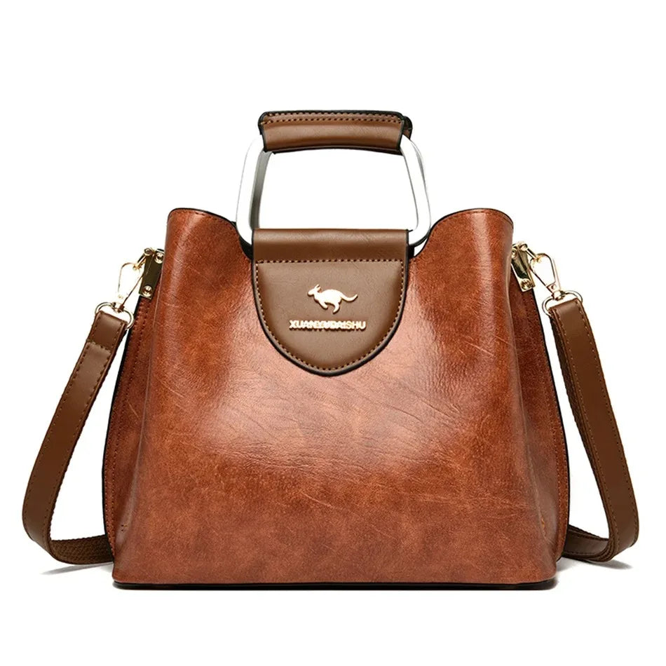 Women's Split Leather 3-Layer Tote Shoulder Crossbody Handbag