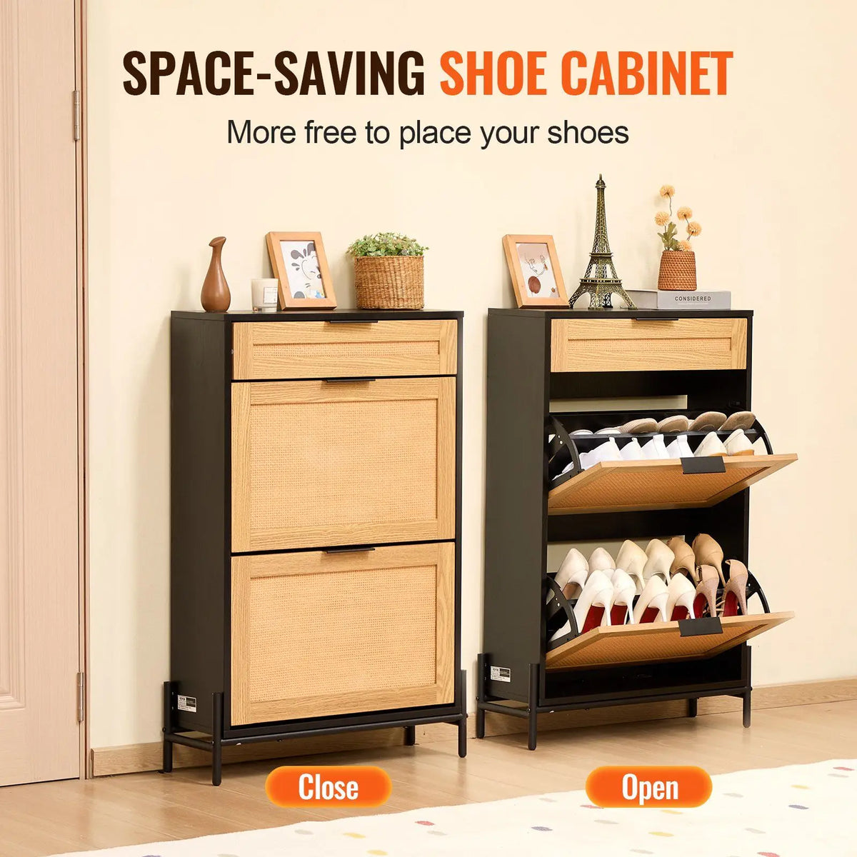 Rattan 2-Flap Shoe Cabinet — Slim Entryway Organizer