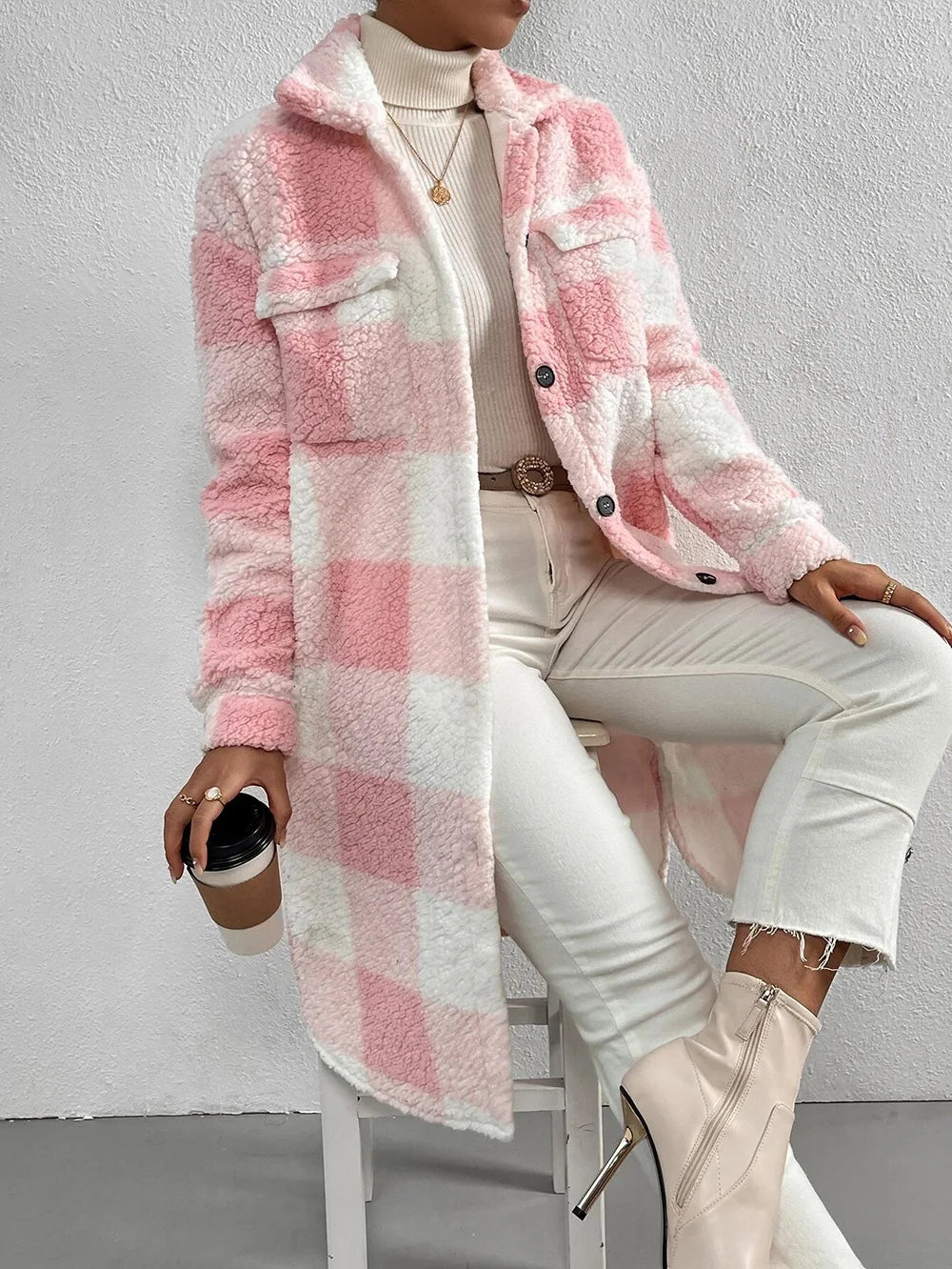 Women's Plaid Fleece Coat – Turn-Down Collar, Button Front