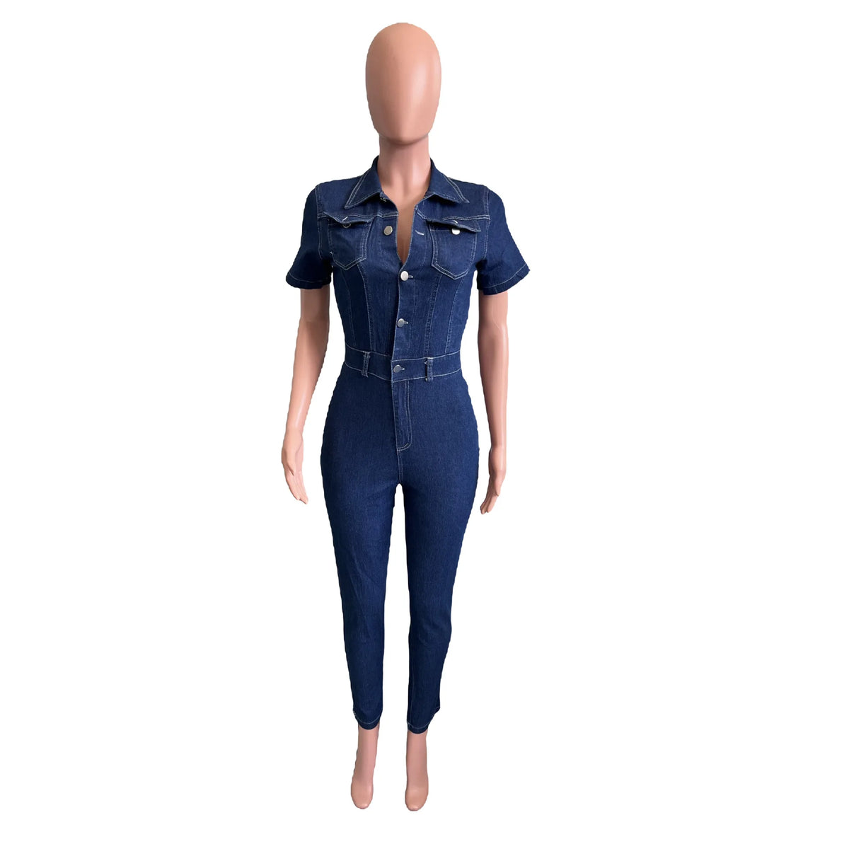 Tuta jumpsuit sexy elasticizzata in jeans da donna, con colletto a revers, elegante tuta intera in denim casual per feste