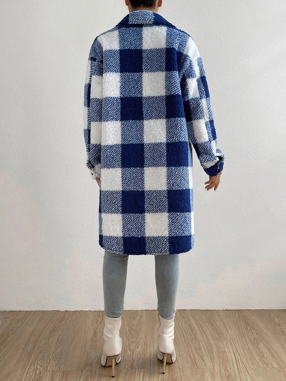 Women's Plaid Fleece Coat – Turn-Down Collar, Button Front