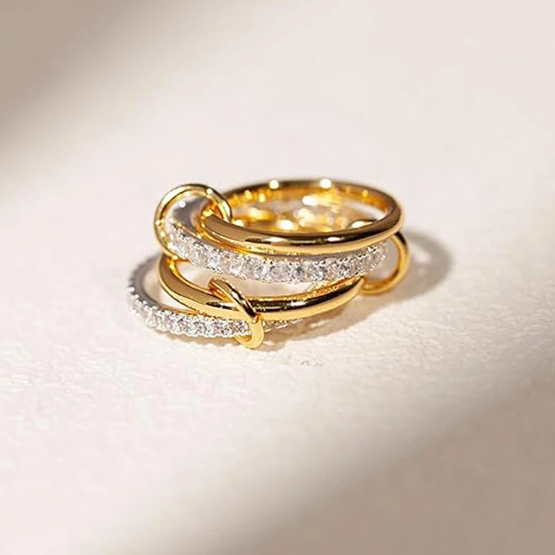 Anelli alla moda in oro e argento, placcati in oro 18k, set da 4 pezzi impilabili con zirconi scintillanti, ideali come gioielli da festa per donna