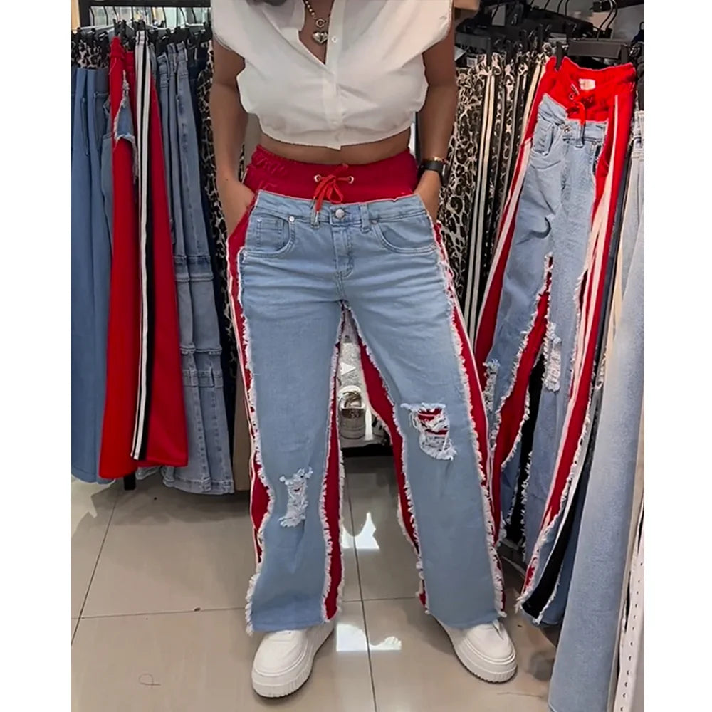 Damen-Jeans mit hoher Taille und Rissen – Colorblock-Patchwork, weites Bein