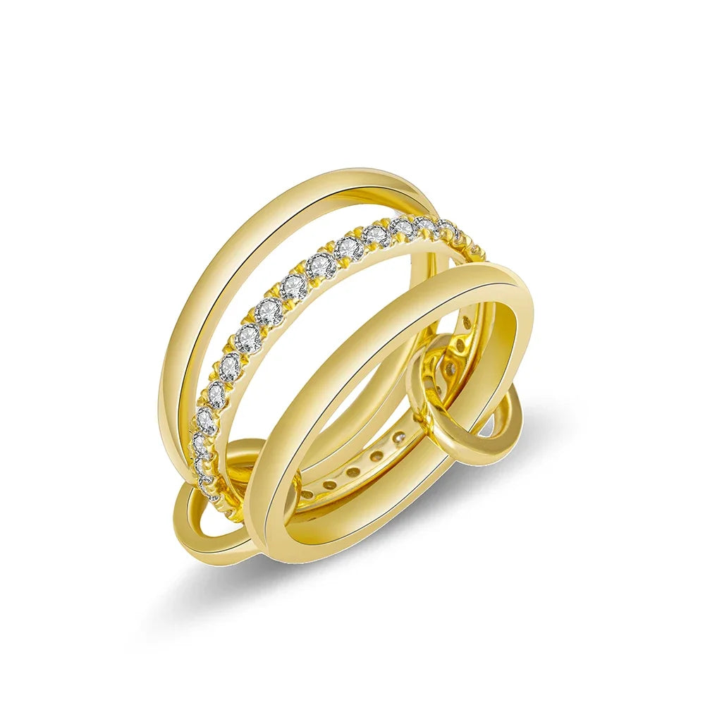 Anelli alla moda in oro e argento, placcati in oro 18k, set da 4 pezzi impilabili con zirconi scintillanti, ideali come gioielli da festa per donna