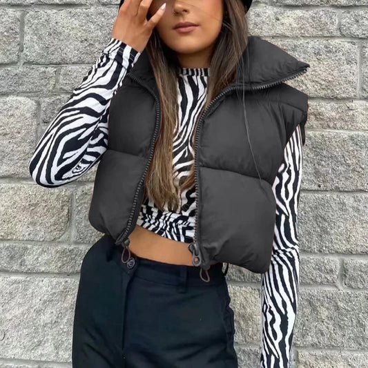 Women's Short Quilted Vest – Stand-Up Collar, Sleeveless