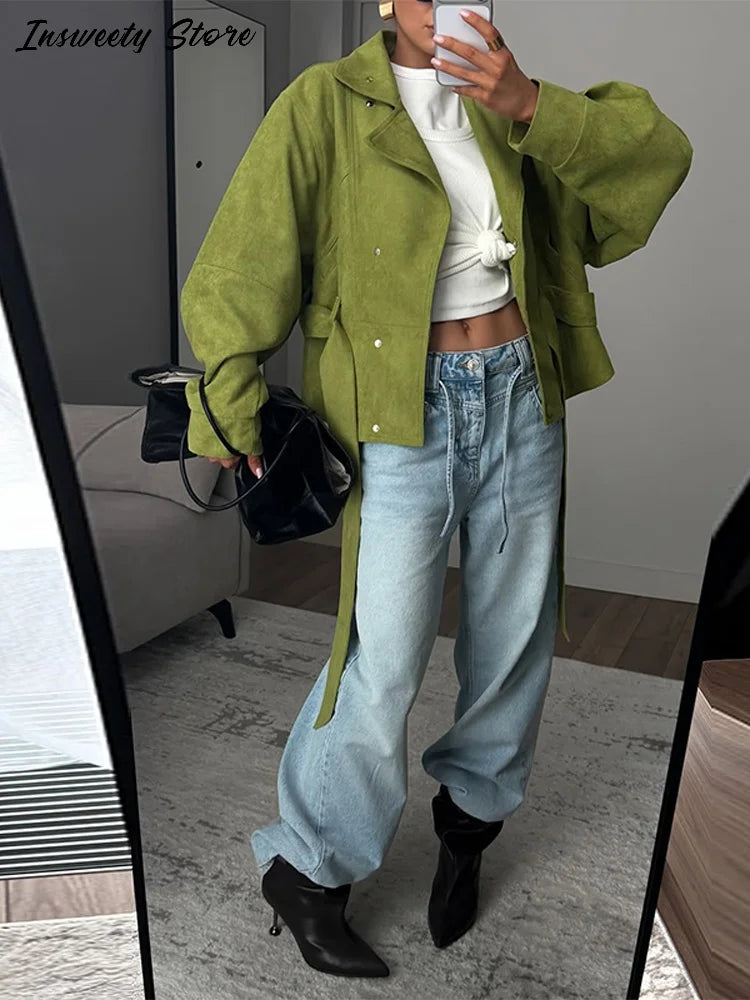 Women's Green Cropped Trench Coat – Stand Collar, Belted
