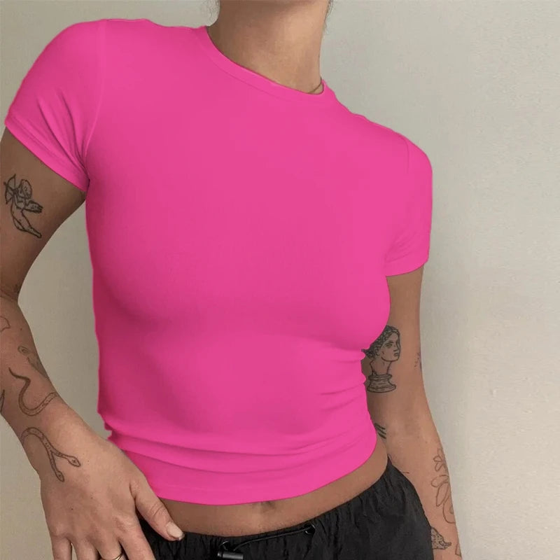 Vêtements féminins, t-shirt à manches courtes, hauts moulants, femme, col rond, t-shirt gainant en tricot, tenue de ville sexy et sportive, 2024 Y2K New2410