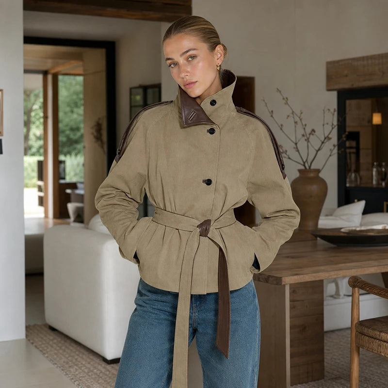 Women's Cropped Trench Coat – Faux Leather, Belted Waist