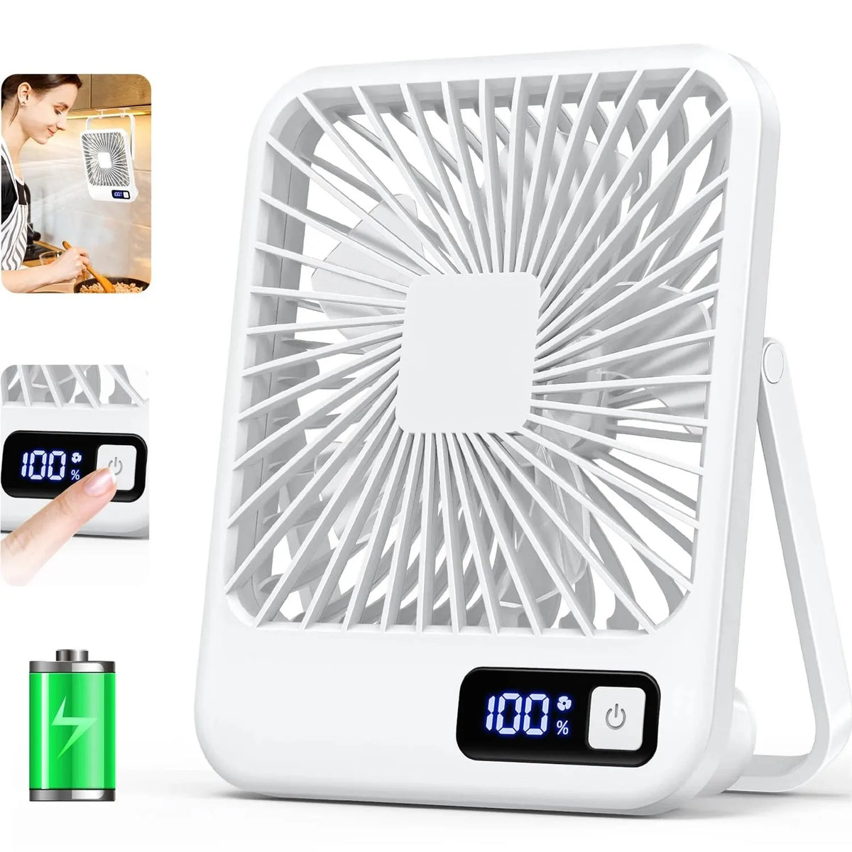 Folding Desk Fan with Power Display, 5 Speeds (USB Rechargeable)