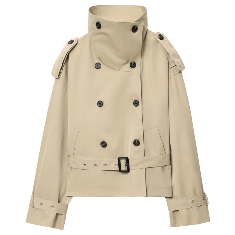 Women's Khaki Short Trench Coat – Stand Collar, Double-Breasted