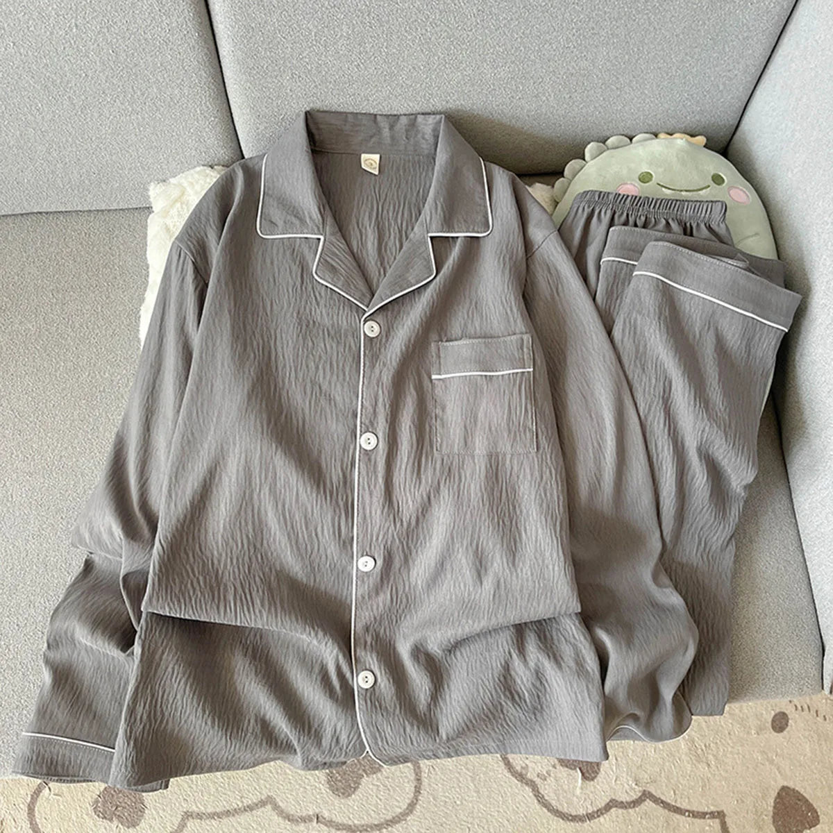Set pigiama da uomo autunnale, nuovo, tinta unita, semplice, taglie forti, con bavero, maniche lunghe, 2 pezzi, pigiama da uomo casual, morbido, oversize, abbigliamento da casa