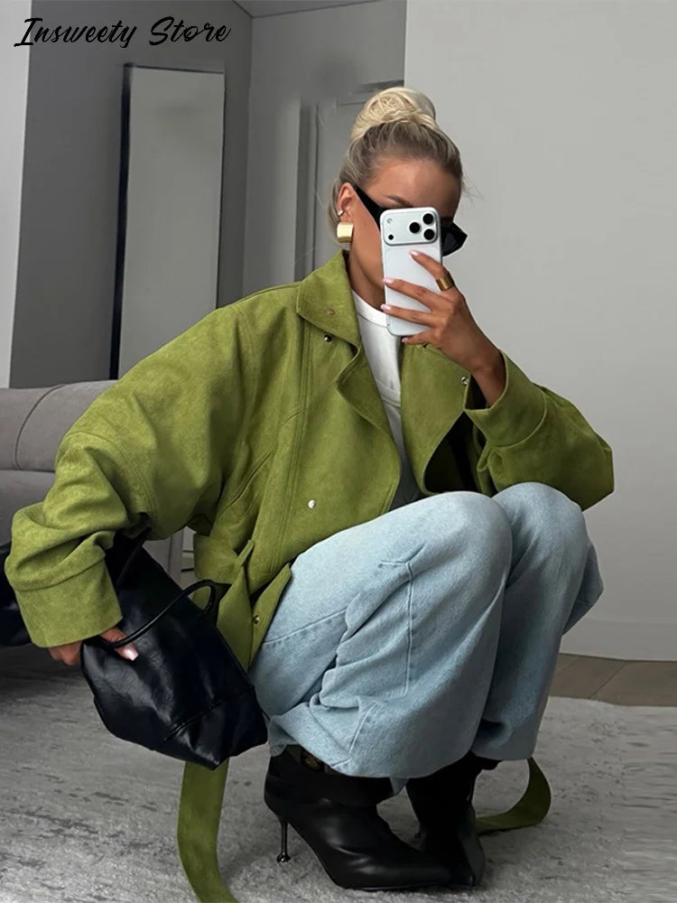 Women's Green Cropped Trench Coat – Stand Collar, Belted
