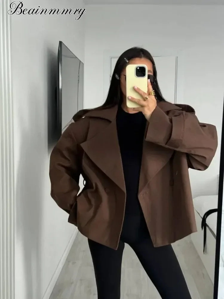 Women's Lace-Up Short Trench Coat – Button, Loose Fit