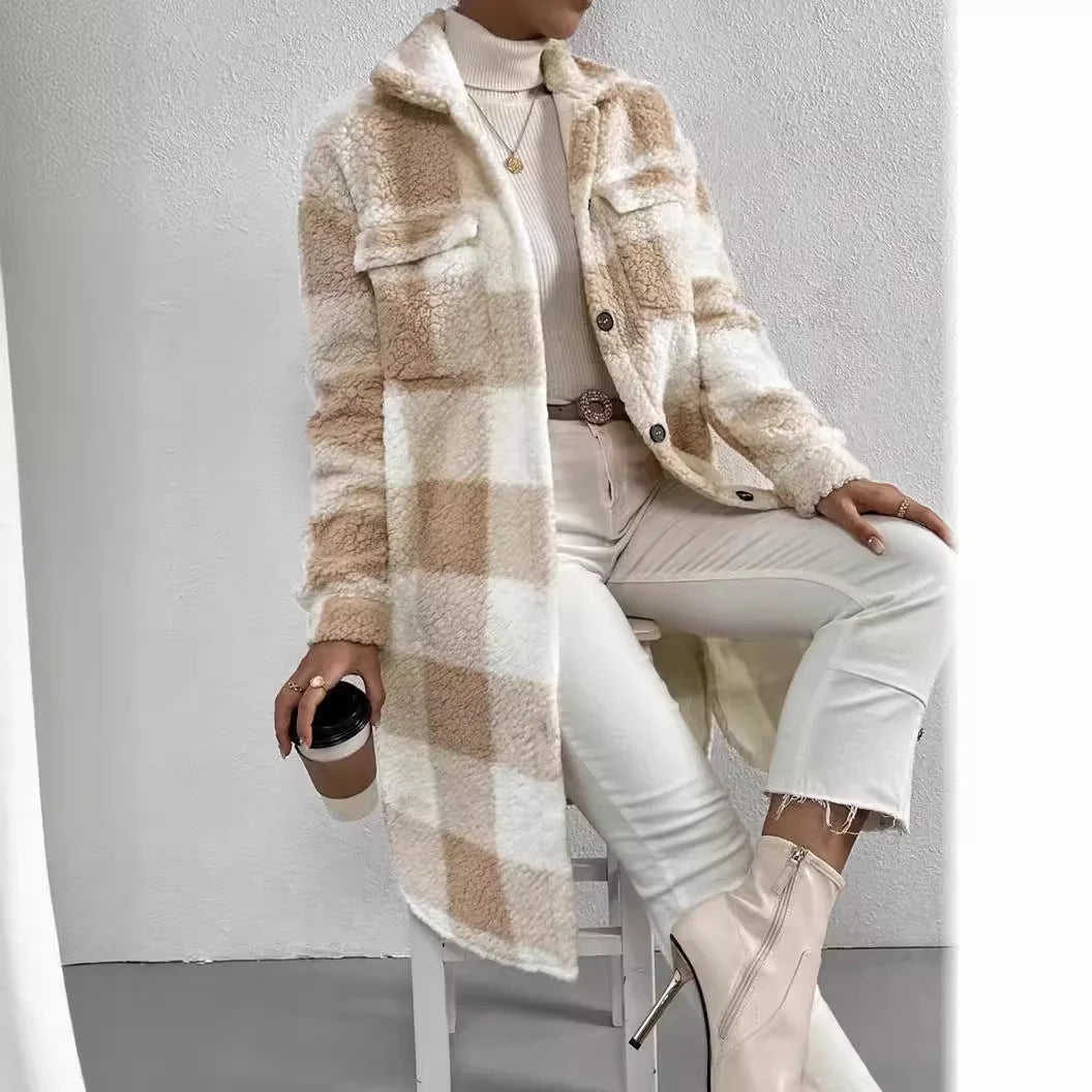 Women's Plaid Fleece Coat – Turn-Down Collar, Button Front
