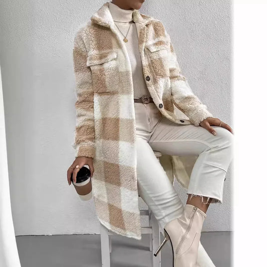 Women's Plaid Fleece Coat – Turn-Down Collar, Button Front