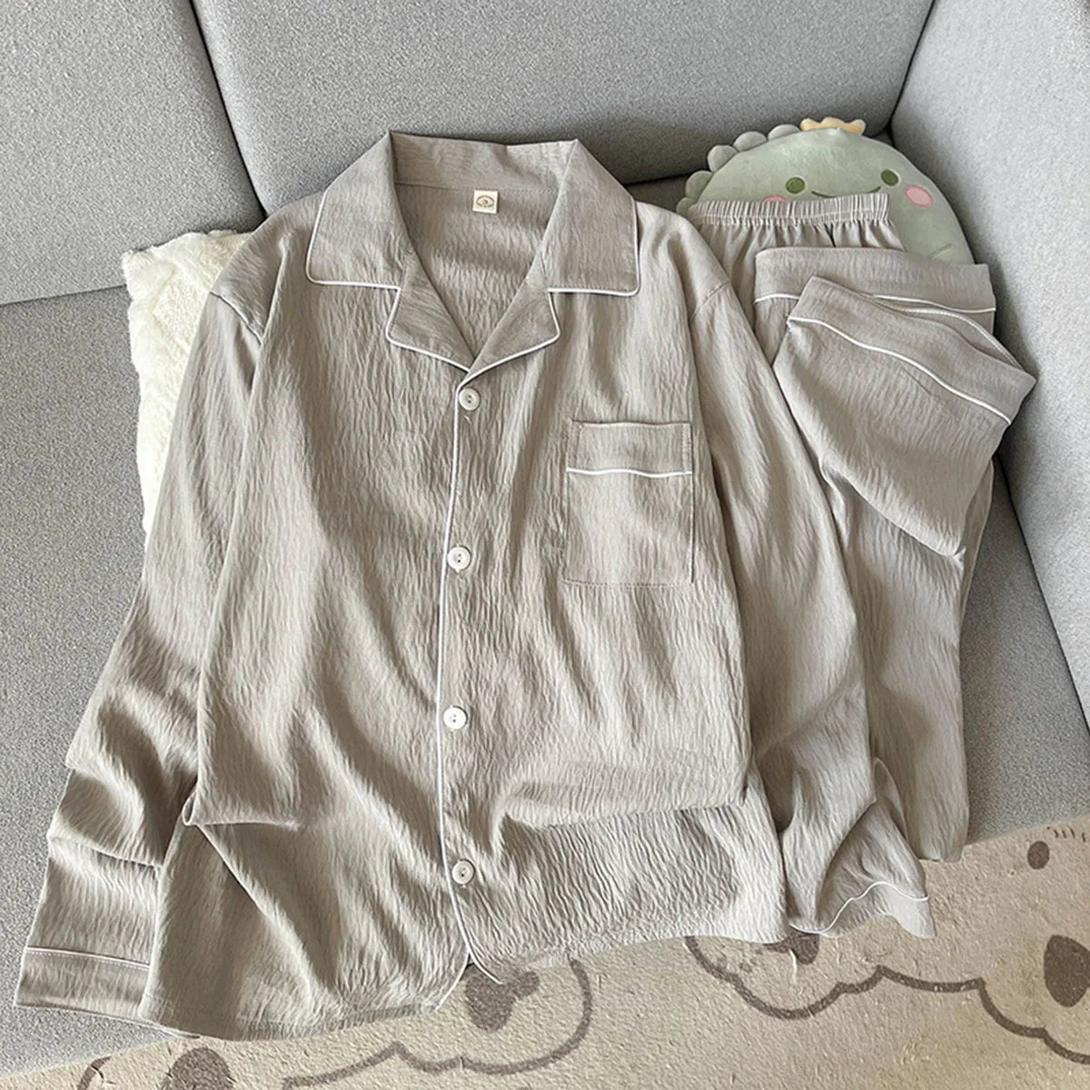 Set pigiama da uomo autunnale, nuovo, tinta unita, semplice, taglie forti, con bavero, maniche lunghe, 2 pezzi, pigiama da uomo casual, morbido, oversize, abbigliamento da casa