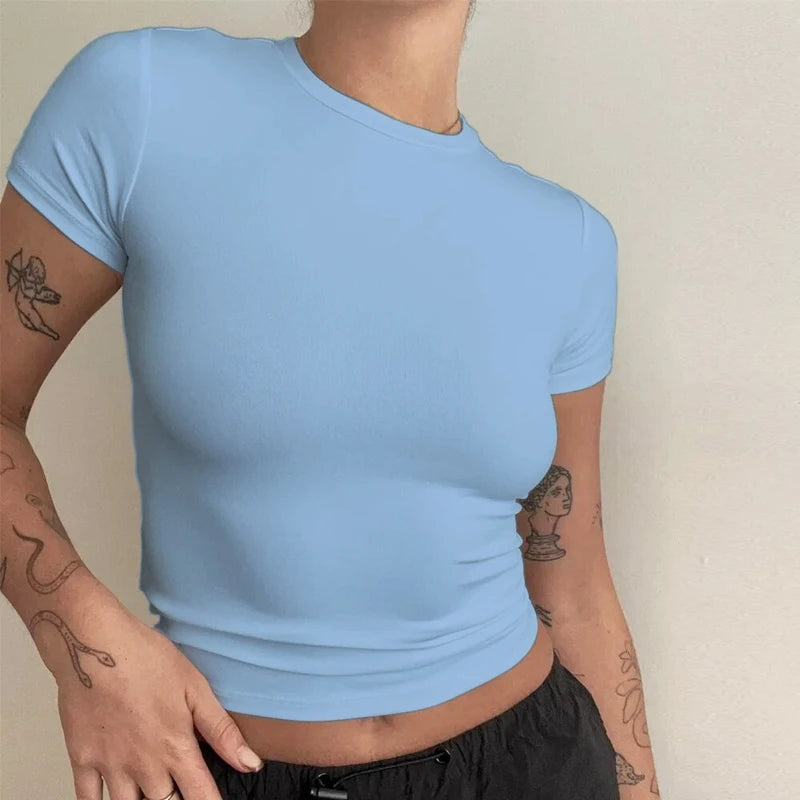 Vêtements féminins, t-shirt à manches courtes, hauts moulants, femme, col rond, t-shirt gainant en tricot, tenue de ville sexy et sportive, 2024 Y2K New2410