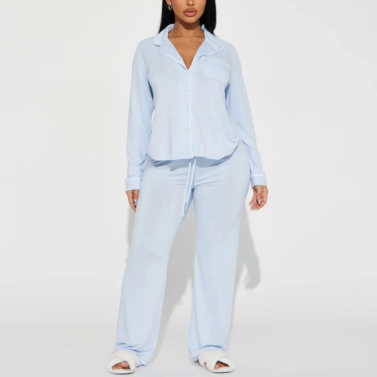 Ensemble pyjama deux pièces pour femme avec col rabattu, manches longues, pantalon large, taille élastique à lacets, style streetwear Y2k 2026
