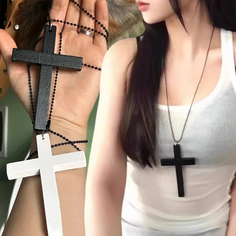 Y2K Wooden Cross Pendant Necklace