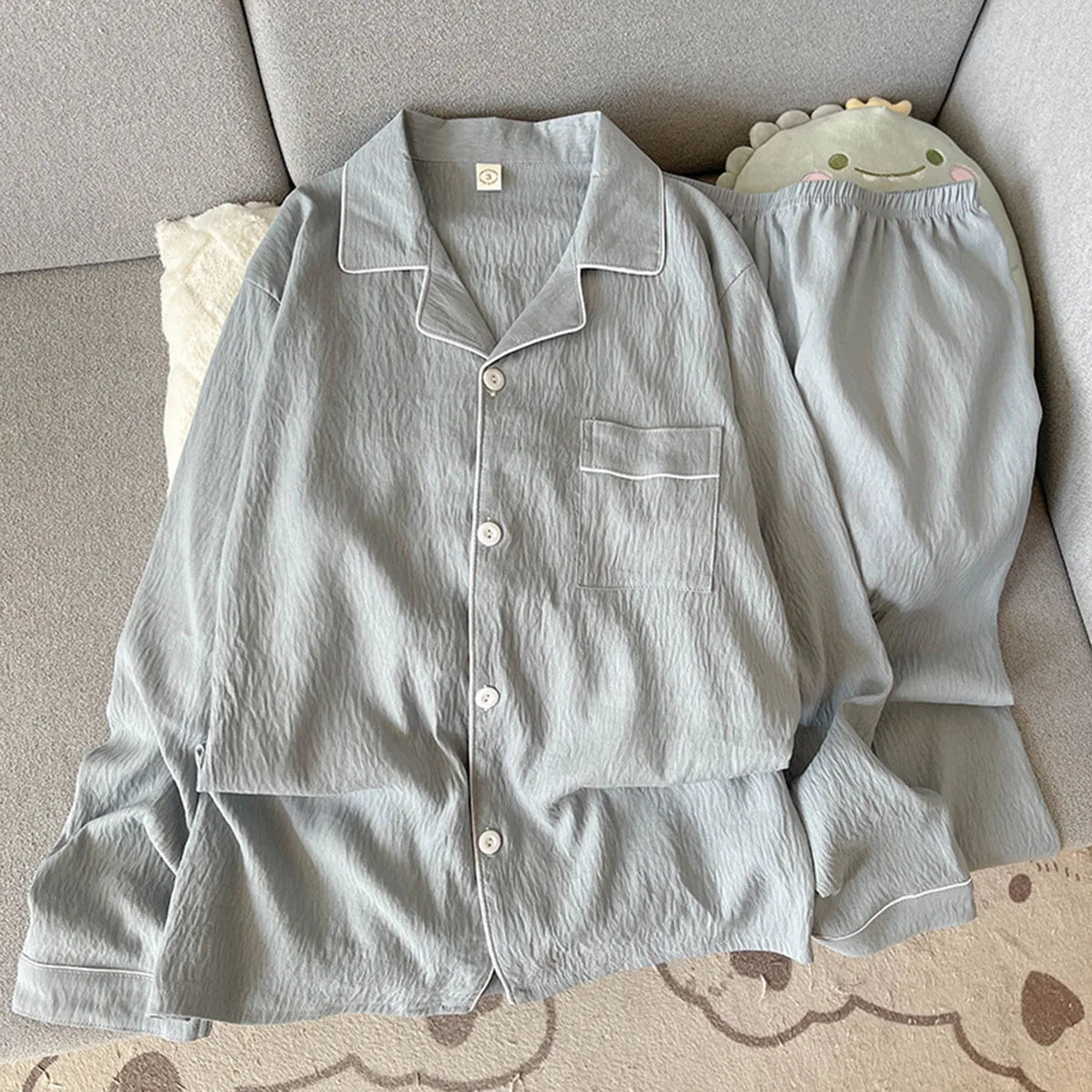Set pigiama da uomo autunnale, nuovo, tinta unita, semplice, taglie forti, con bavero, maniche lunghe, 2 pezzi, pigiama da uomo casual, morbido, oversize, abbigliamento da casa