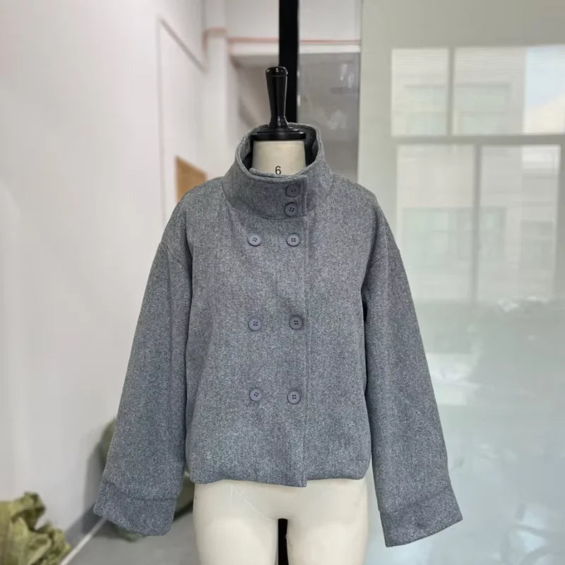 Women's Short Coat – Stand Collar, Full Sleeve, Zipper