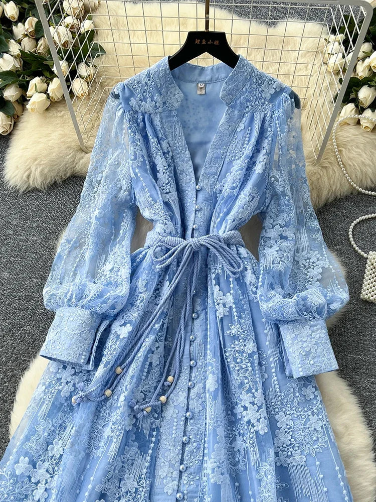 Women's Lace Embroidery Dress – V-Neck, Lantern Sleeve