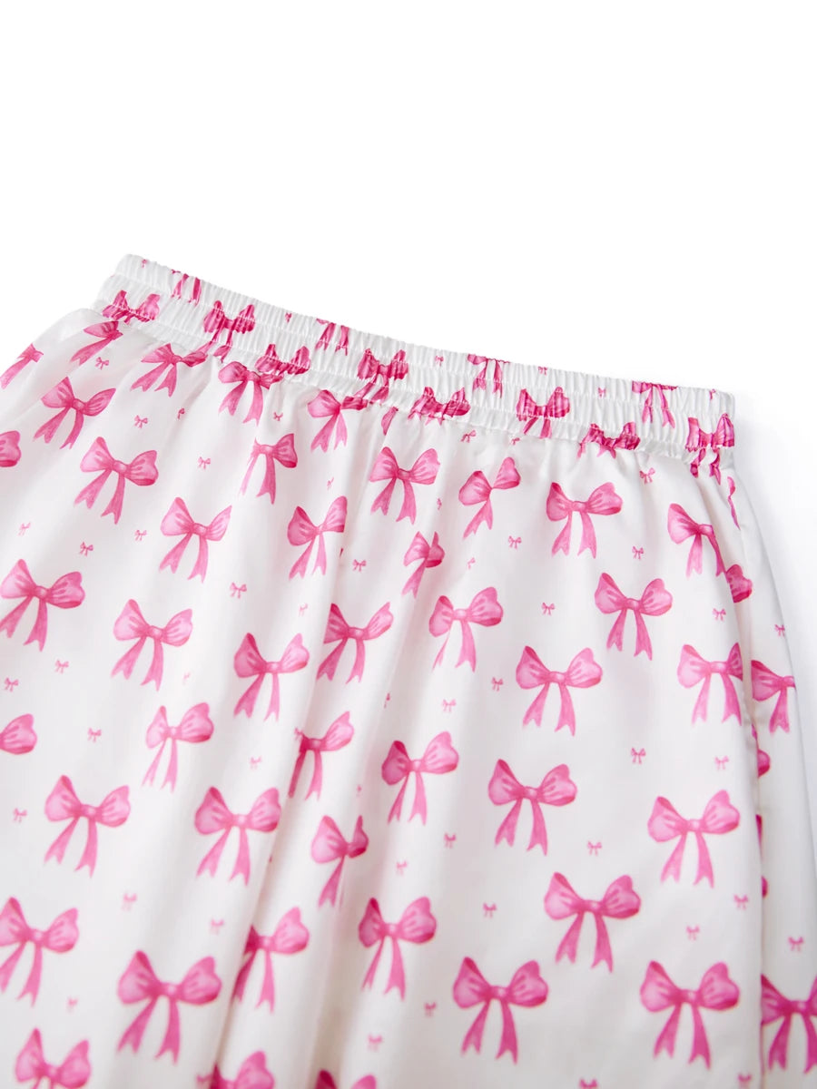Ensemble de pyjama Y2K à nœuds pour femmes, satin de soie rose, mignon pyjama long boutonné, ensemble haut et pantalon de détente, tenue pour la Saint-Valentin