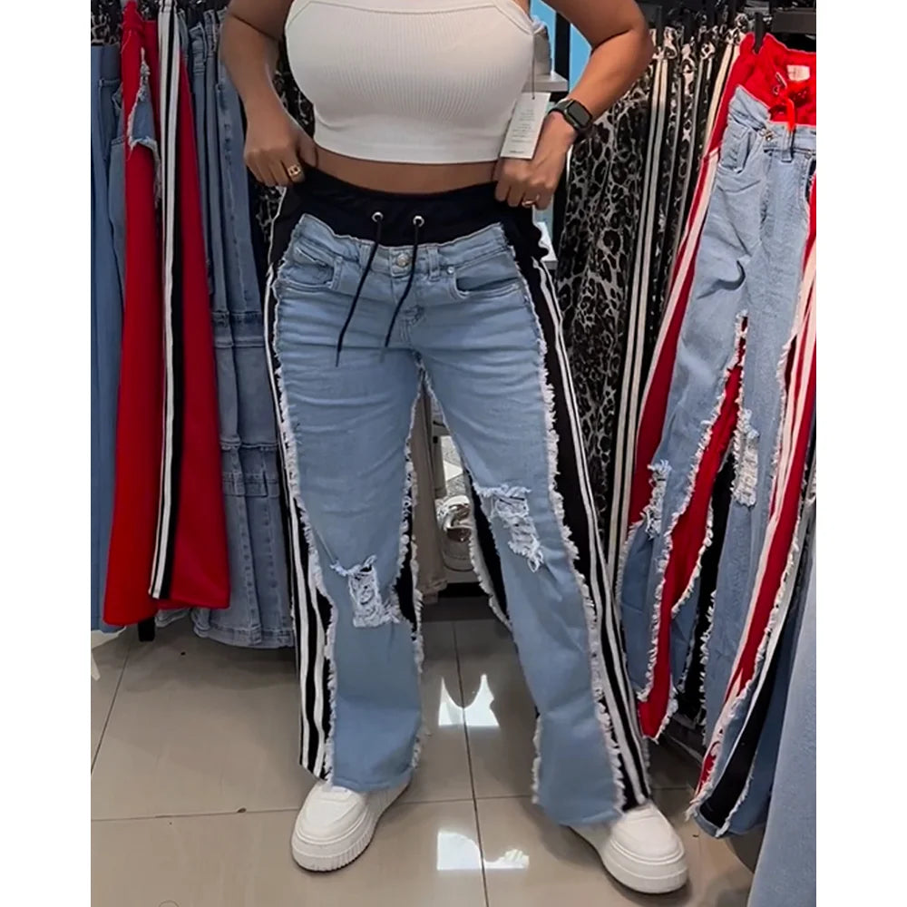 Damen-Jeans mit hoher Taille und Rissen – Colorblock-Patchwork, weites Bein