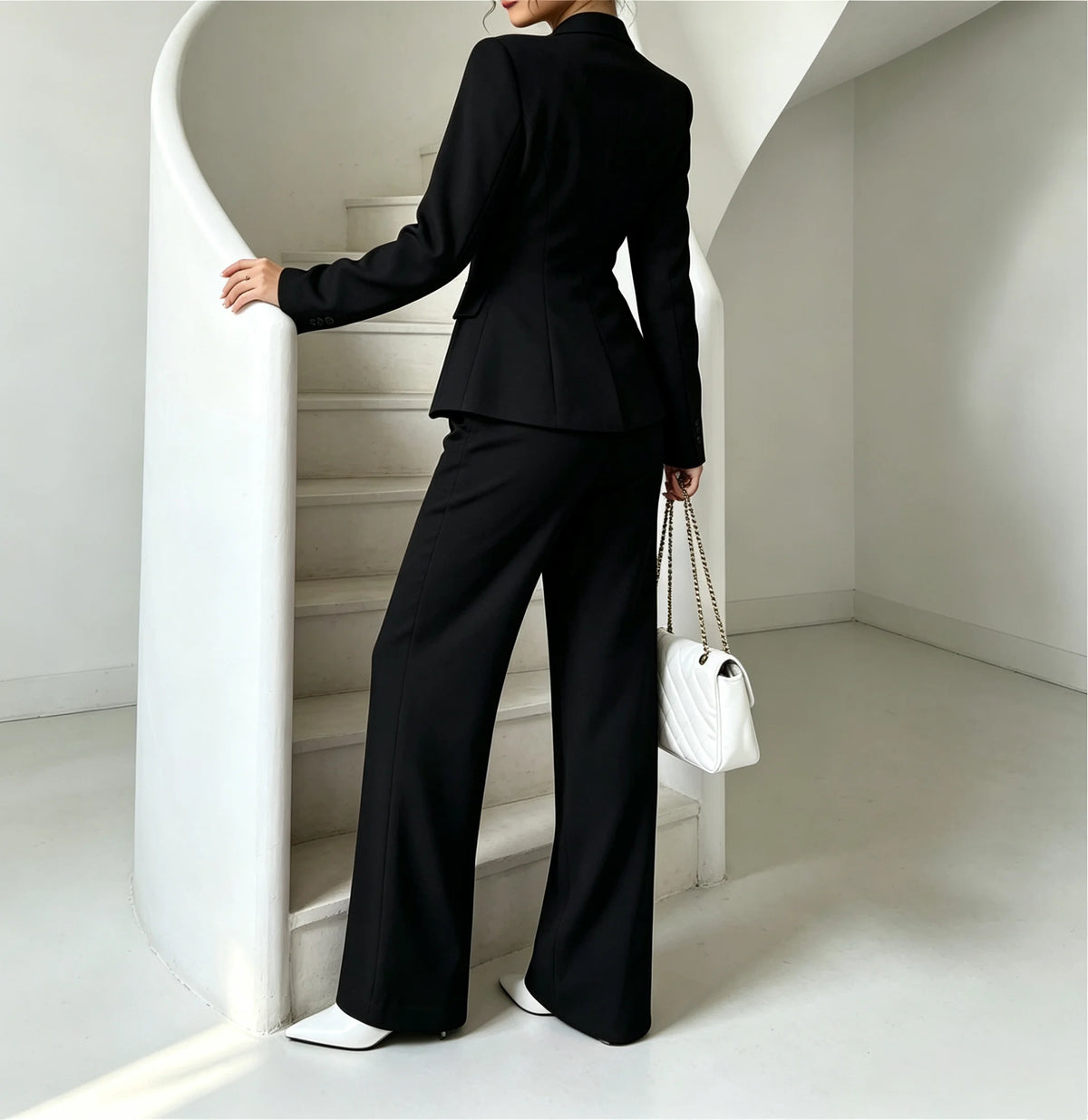 Ensemble tailleur 2 pièces pour femme avec blazer à revers cranté à un bouton et pantalon large taille haute, tenue assortie formelle pour le bureau ou les soirées