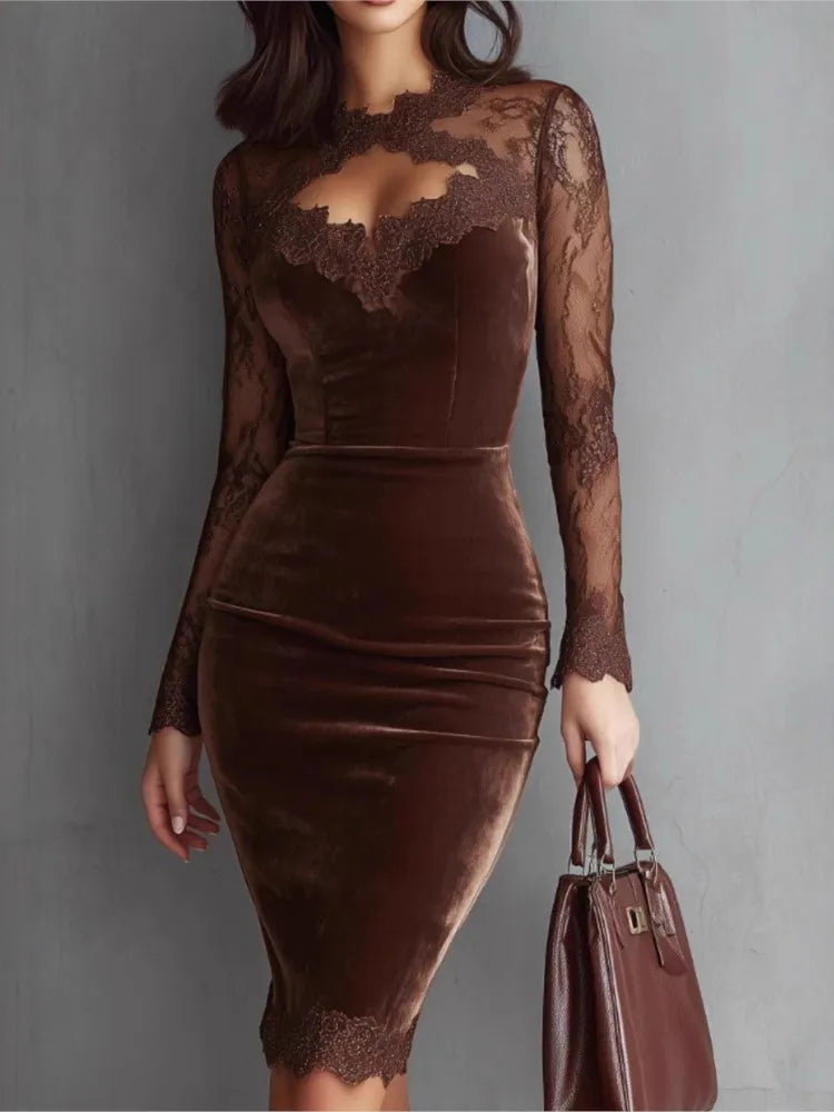 Abito midi in velluto da donna, elegante vestito a tubino con maniche lunghe in pizzo, traforato, ideale per feste, serate e occasioni formali, novità autunno-inverno