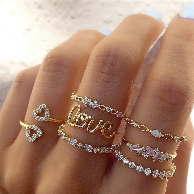 Silver Crystal Rings Set
