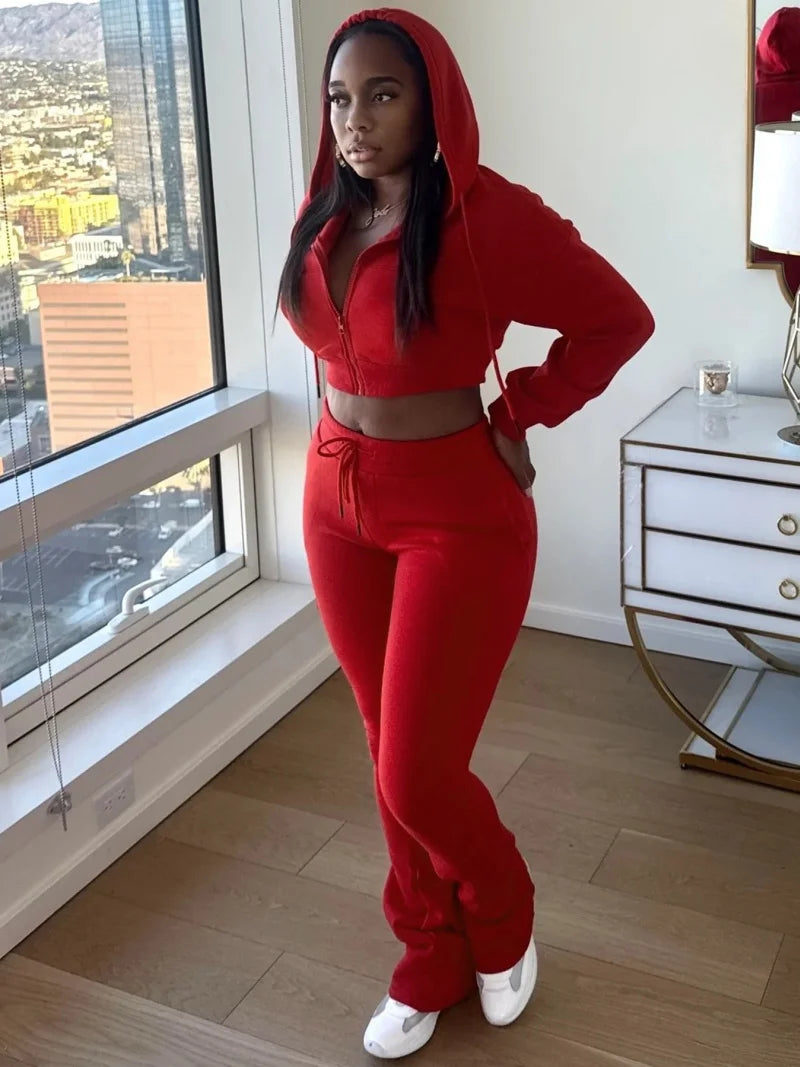 Ensemble streetwear 2 pièces pour femme, tenue d'hiver, sweat-shirt court à capuche zippé + pantalon, survêtement en polaire pour femme