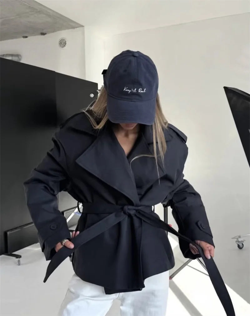 Women's Belted Short Trench Coat – Long Sleeve