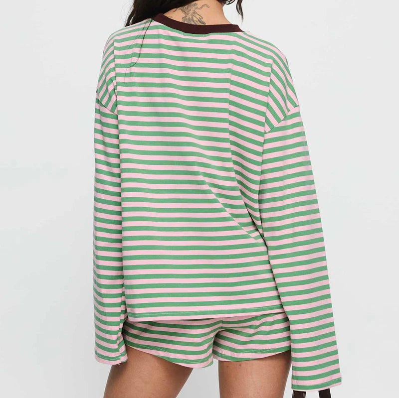 Ensemble de détente 2 pièces rayé pour femme, t-shirt à manches longues oversize style preppy et short, tenue décontractée assortie pour le printemps et l'automne