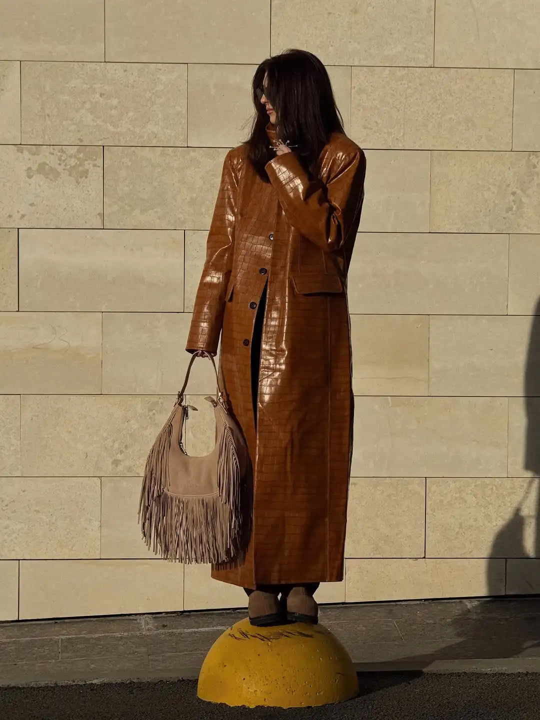 Women's Croc-Embossed Faux Leather Trench Coat – Long, Single-Breasted