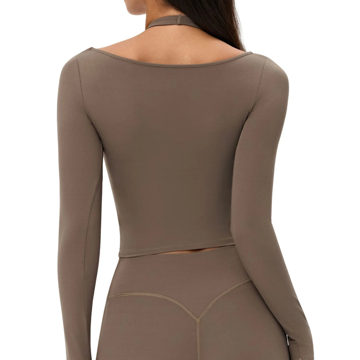 Haut de yoga à manches longues pour femme, col en U profond, couture sous la poitrine, coupe ajustée, haut court, extensible, respirant, t-shirt de sport et fitness