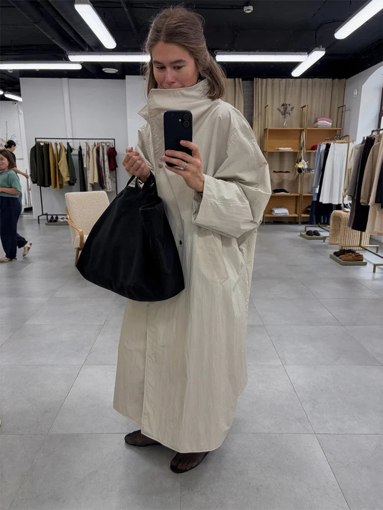 Women's Color-Block Long Trench Coat – Turn-Down Collar, Single-Breasted
