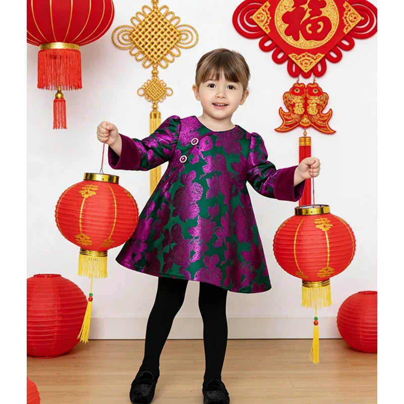 Girls' Embroidered Tang Suit Princess Dress – Velvet Sleeves