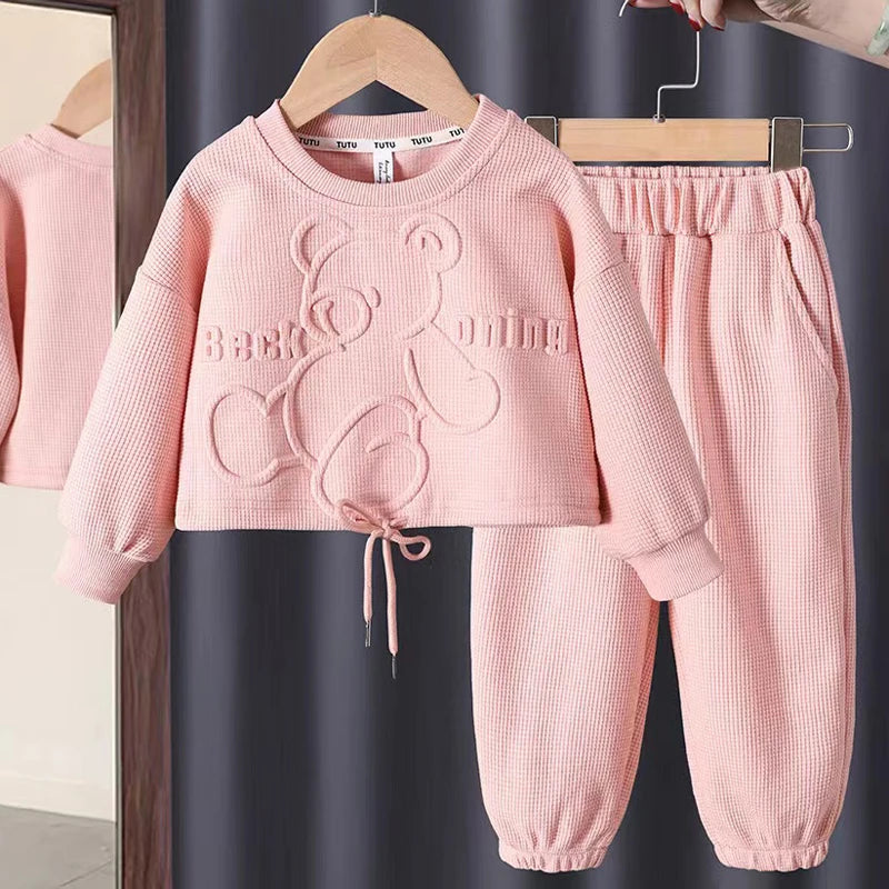 Girls' Bear Print Sweatshirt & Pants Set – Long Sleeve