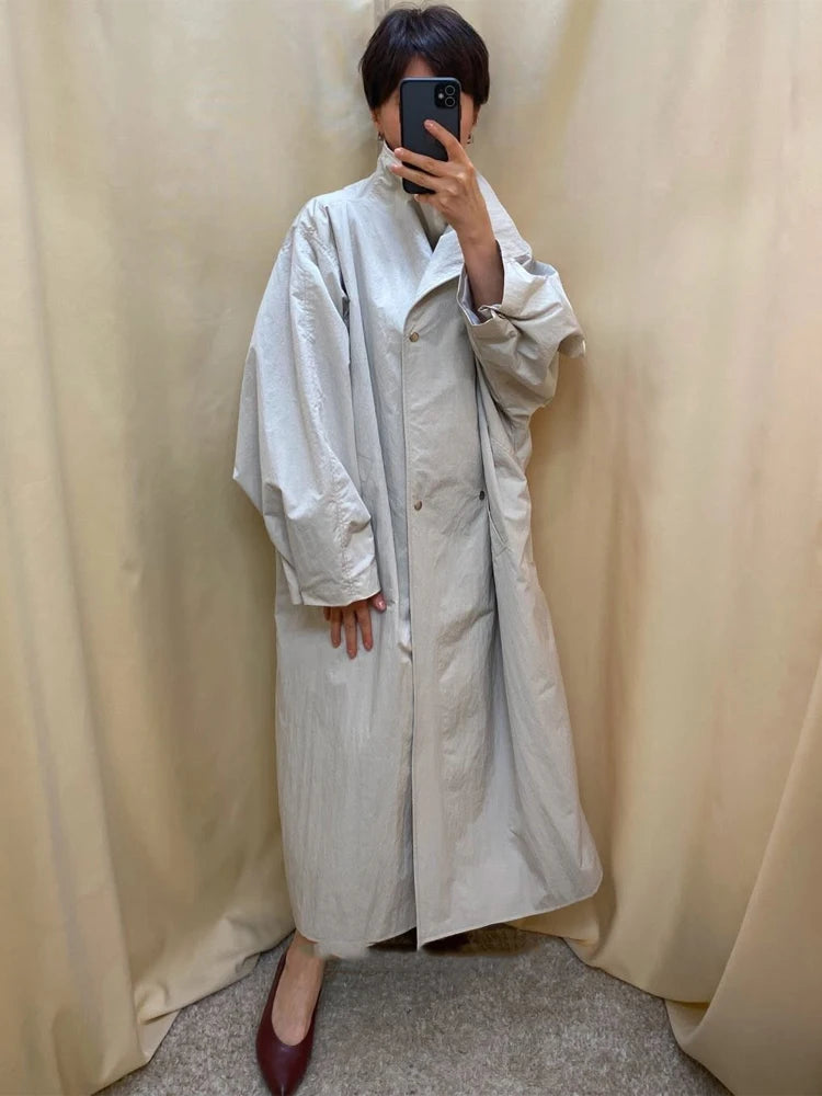 Women's Black Long Trench Coat – Stand Collar, Single-Breasted