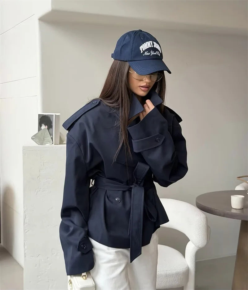 Women's Belted Short Trench Coat – Long Sleeve