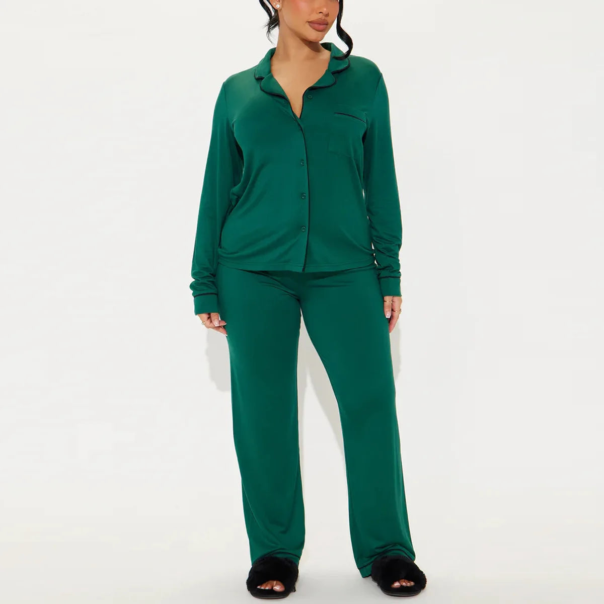 Ensemble pyjama deux pièces pour femme avec col rabattu, manches longues, pantalon large, taille élastique à lacets, style streetwear Y2k 2026