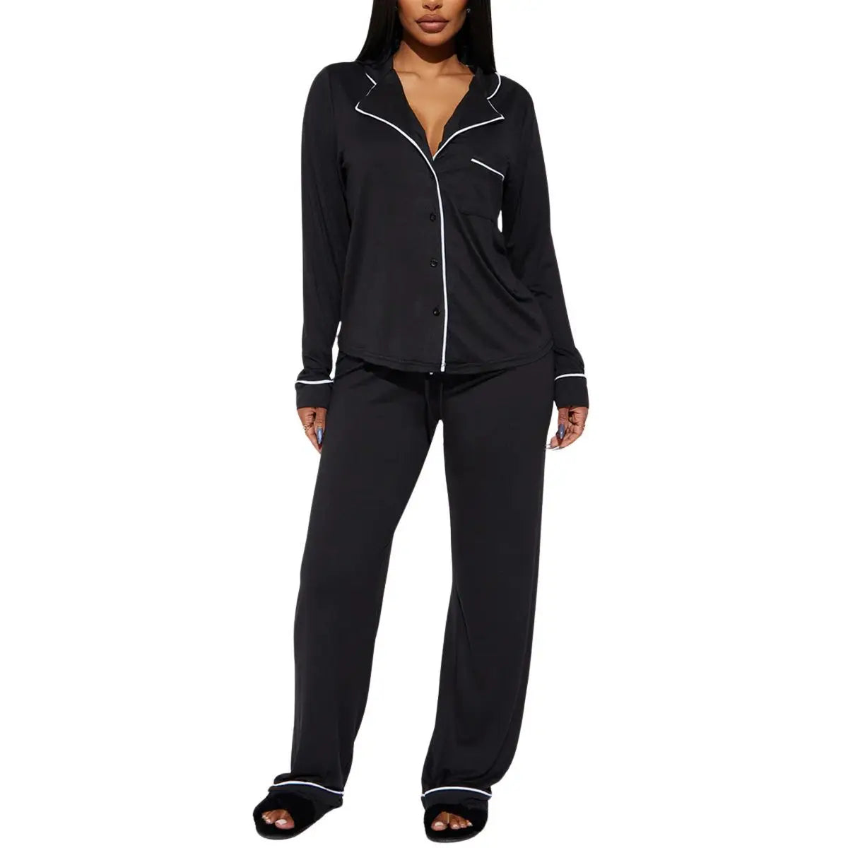 Ensemble pyjama deux pièces pour femme avec col rabattu, manches longues, pantalon large, taille élastique à lacets, style streetwear Y2k 2026