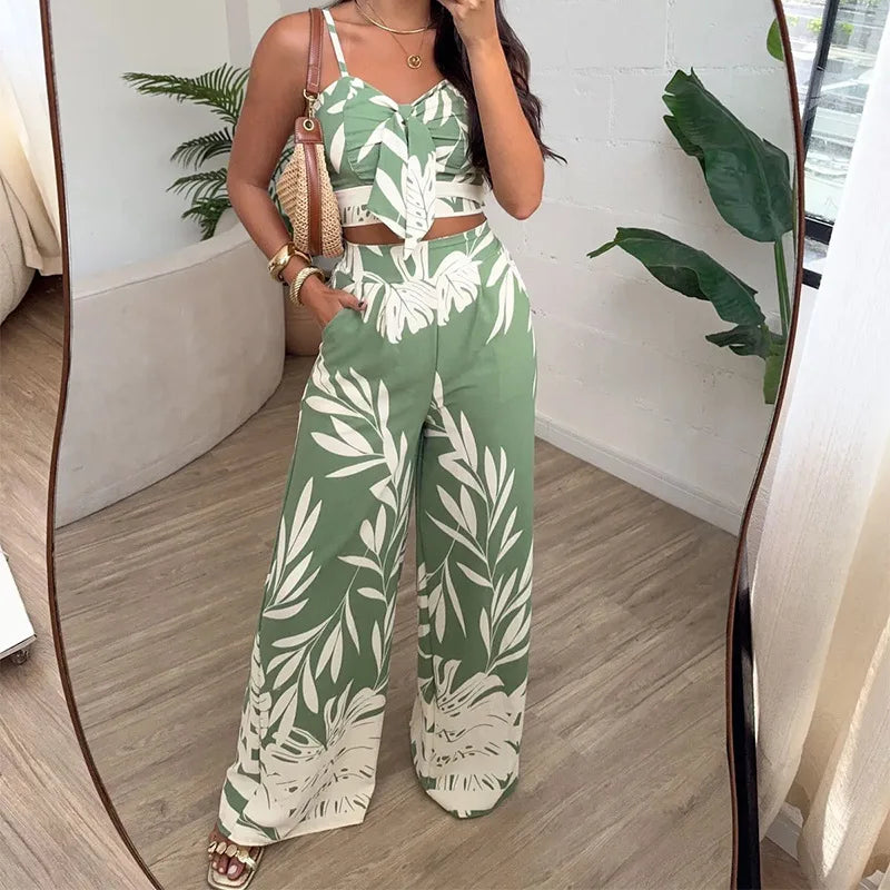 Completo estivo da donna: canotta stampata sexy e pantaloni a gamba larga, coordinato primavera-estate