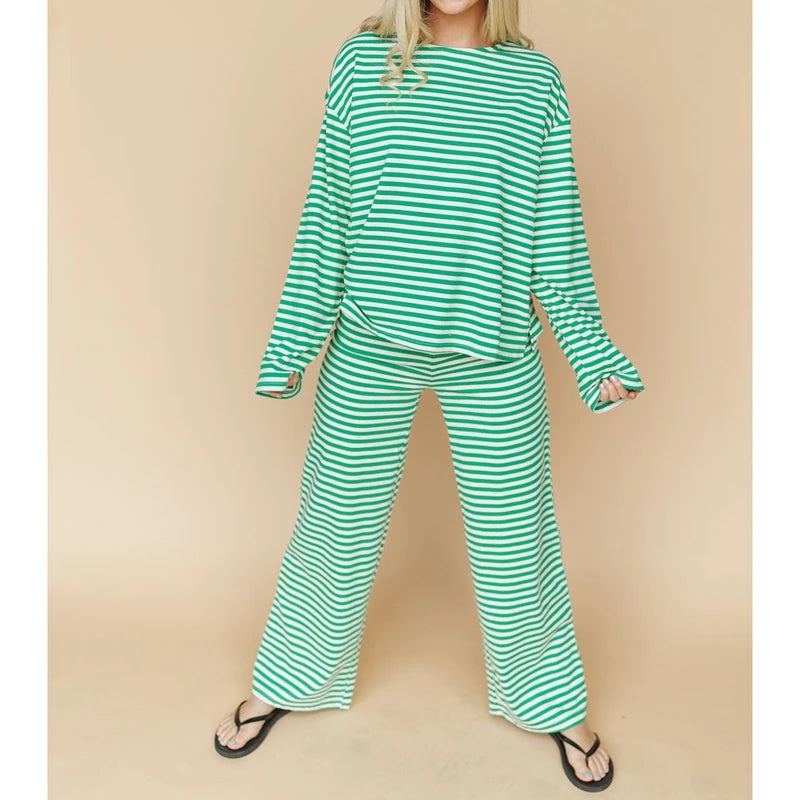 Ensemble de pyjama 2 pièces pour femme Combhasaki, composé d'un haut à manches longues rayé et d'un pantalon large, tenue de détente et de nuit