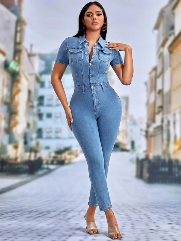 Tuta jumpsuit sexy elasticizzata in jeans da donna, con colletto a revers, elegante tuta intera in denim casual per feste